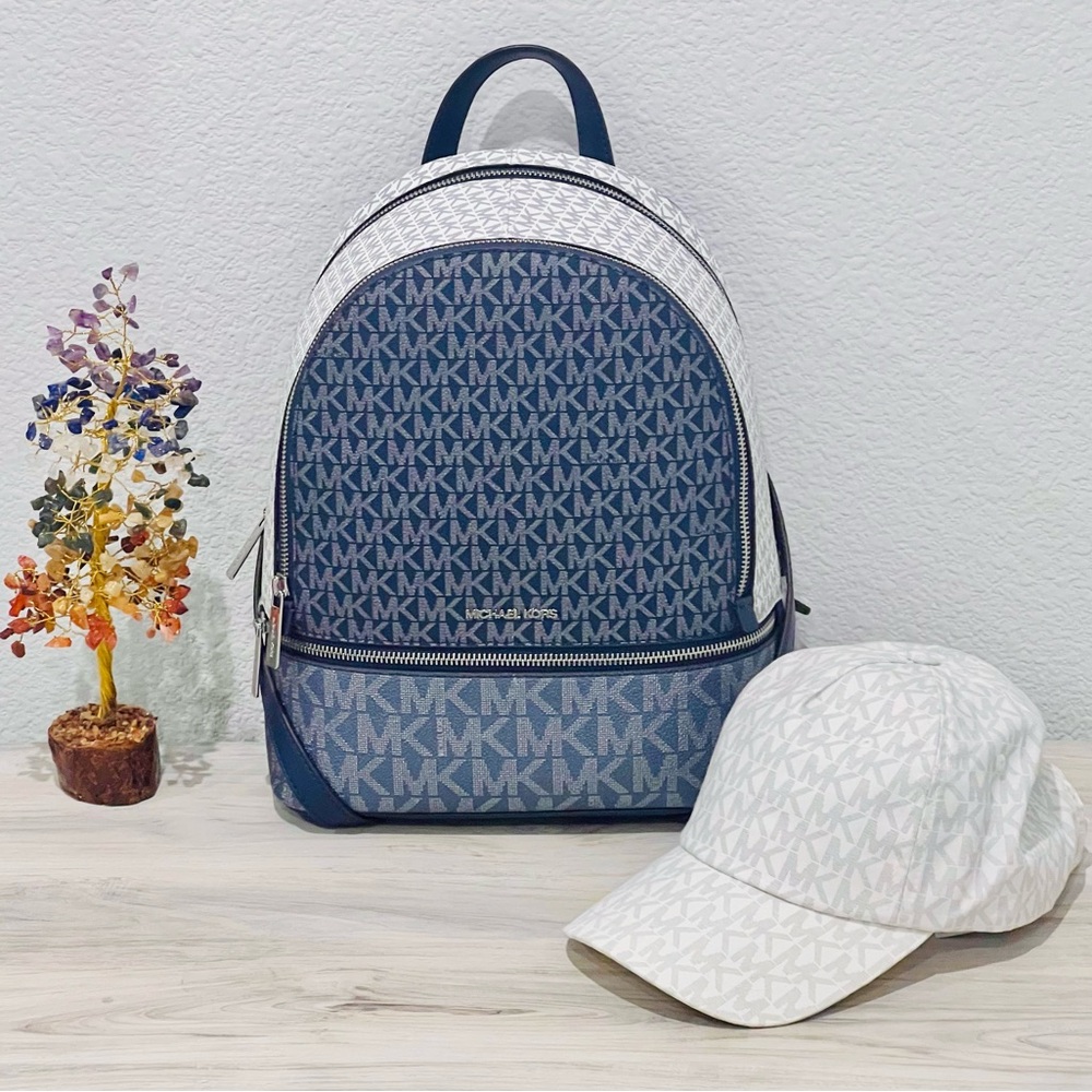 NWT Michael Kors Blue & White MK Monogram Backpack Travel Bag